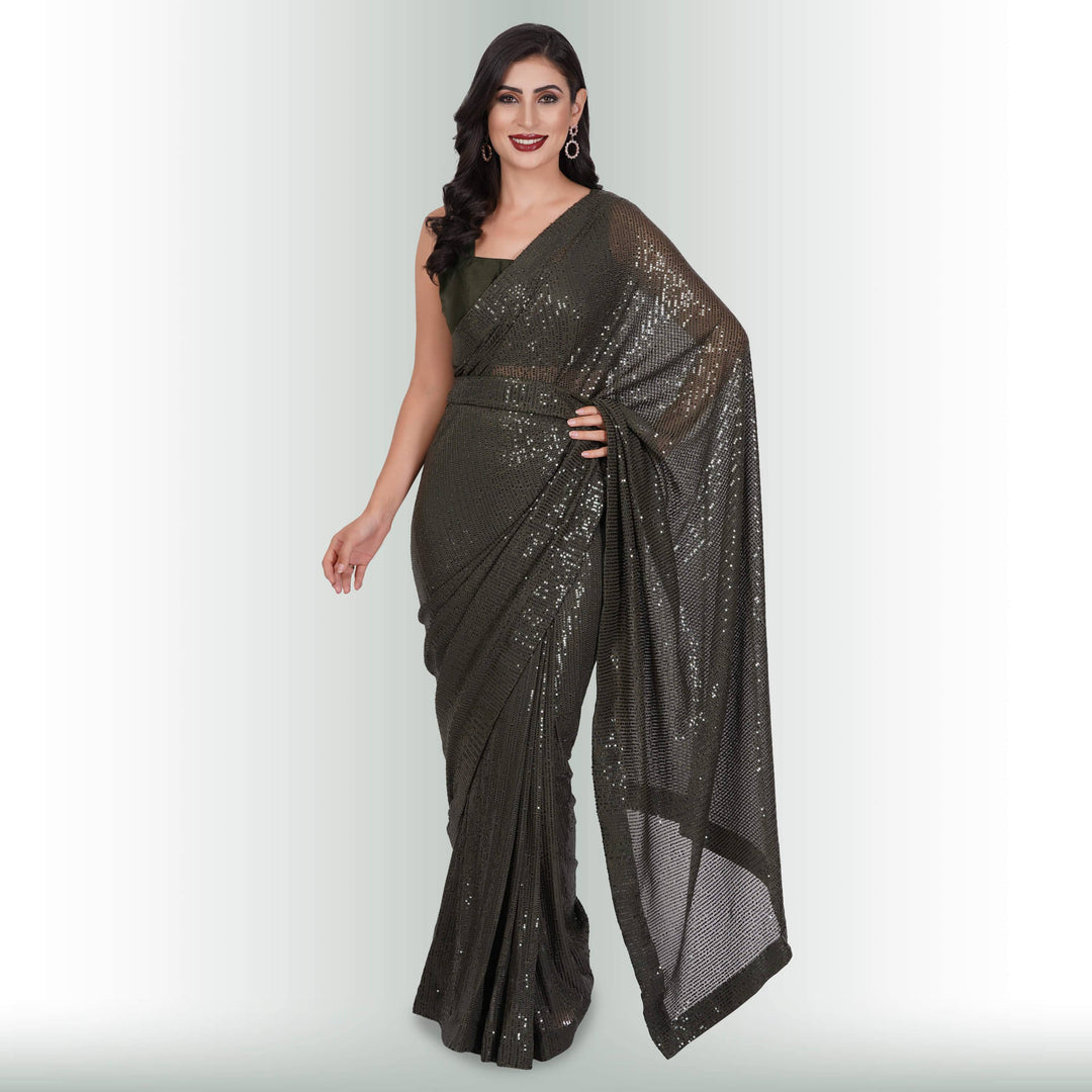 Sequin ReadyMade Saree - Moss - Chiro's By Jigyasa