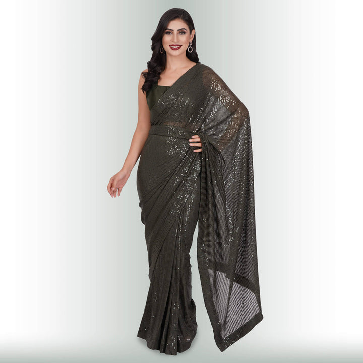 Sequin ReadyMade Saree - Moss - Chiro's By Jigyasa