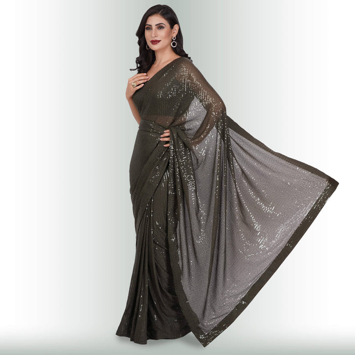 Sequin ReadyMade Saree - Moss - Chiro's By Jigyasa