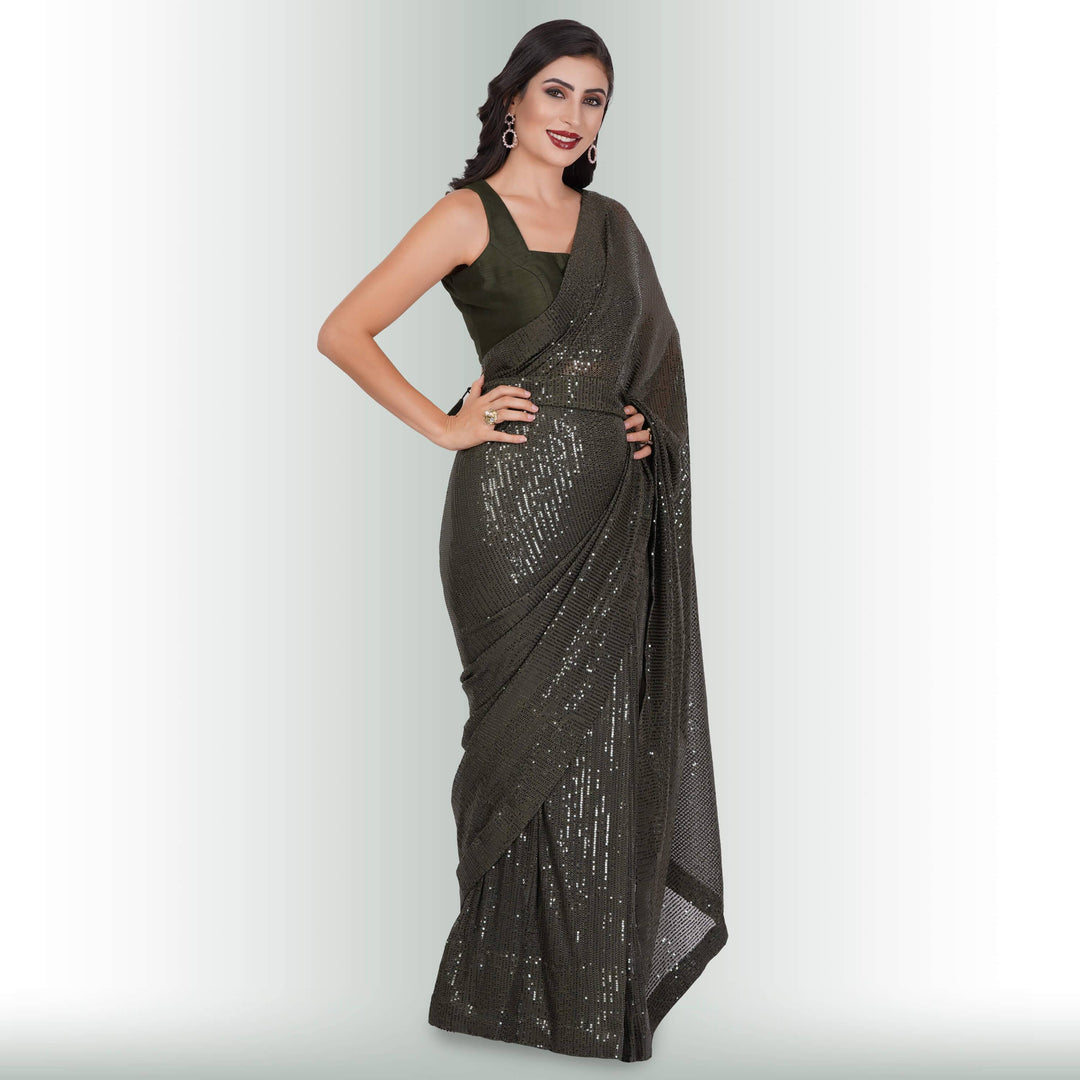 Sequin ReadyMade Saree - Moss - Chiro's By Jigyasa
