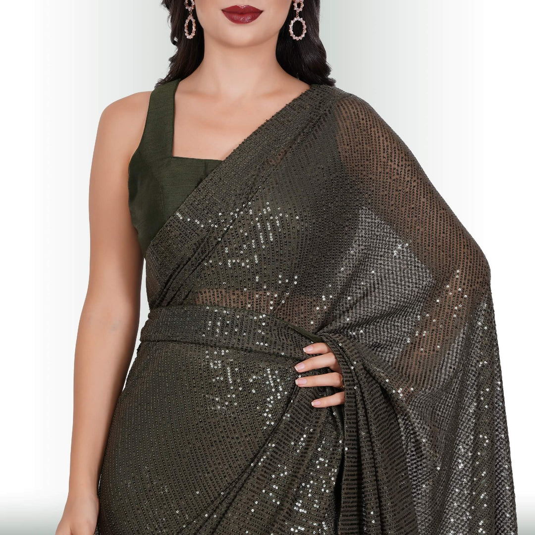 Sequin ReadyMade Saree - Moss - Chiro's By Jigyasa