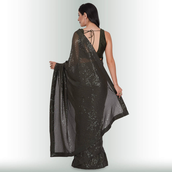 Sequin ReadyMade Saree - Moss - Chiro's By Jigyasa
