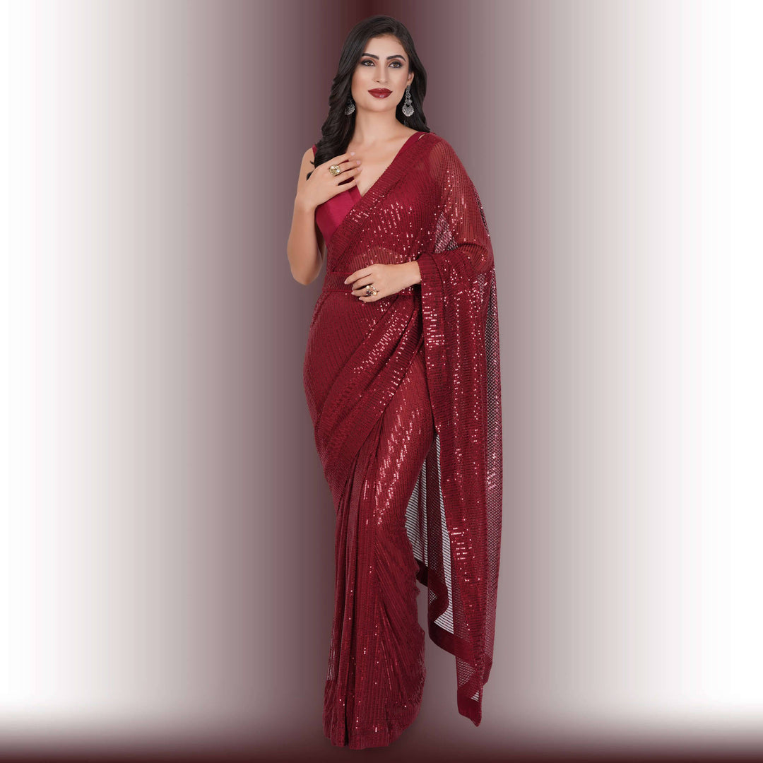 Readymade Sequin Saree - Red