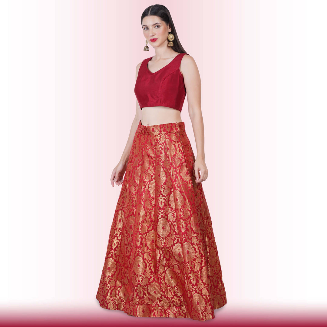 Brocade Lehenga for Wedding Guests - Maroon - Chiro's By Jigyasa