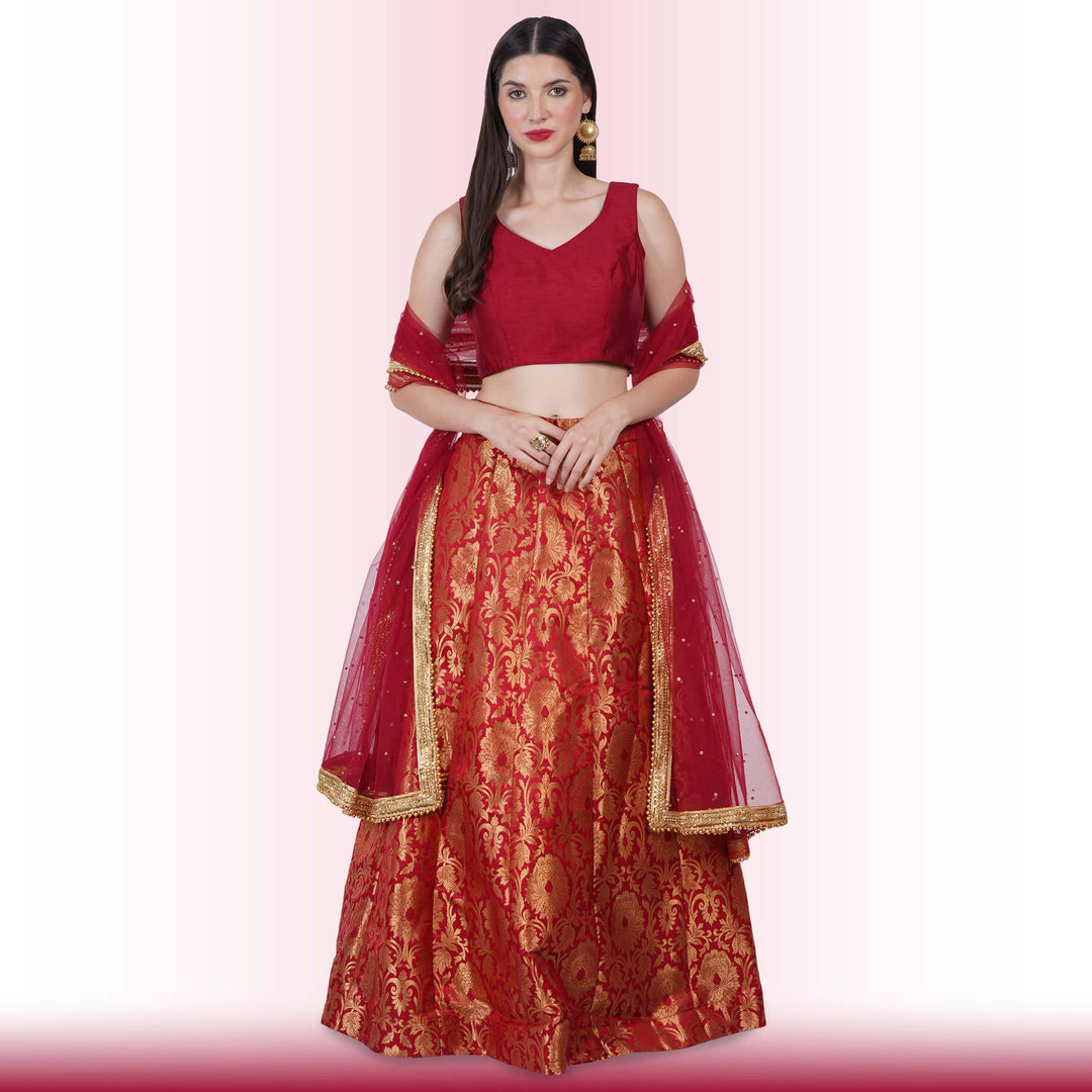 Brocade Lehenga for Wedding Guests - Maroon - Chiro's By Jigyasa