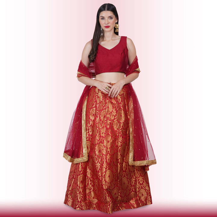 Brocade Lehenga for Wedding Guests - Maroon - Chiro's By Jigyasa
