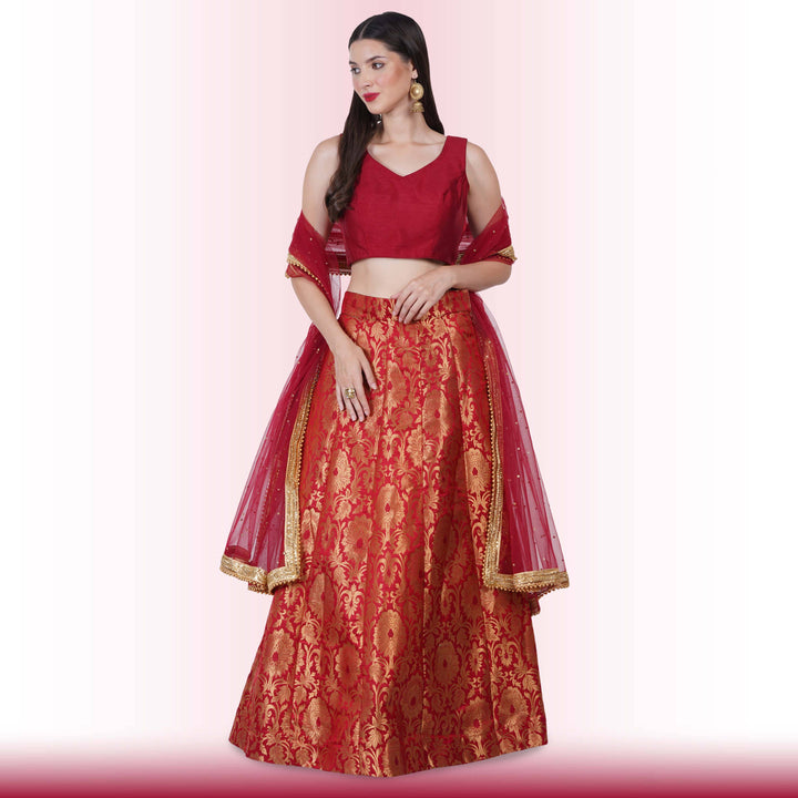 Brocade Lehenga for Wedding Guests - Maroon - Chiro's By Jigyasa