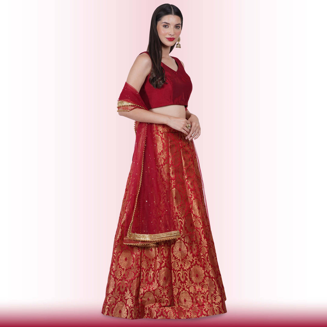 Brocade Lehenga for Wedding Guests - Maroon - Chiro's By Jigyasa