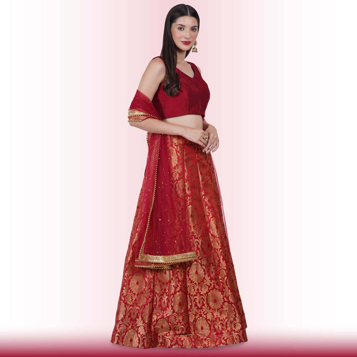 Brocade Lehenga for Wedding Guests - Maroon - Chiro's By Jigyasa