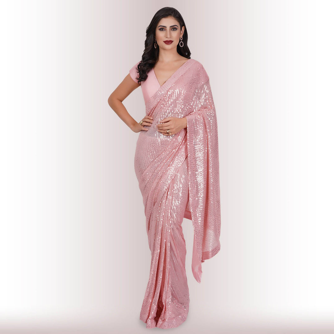Ready Made Sequin Saree - Pink