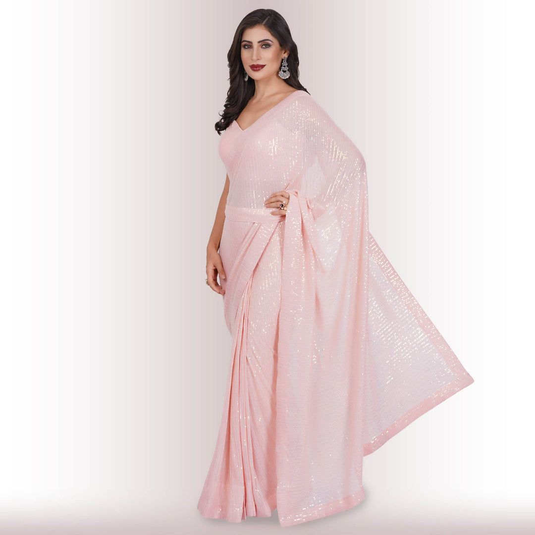 Ready Made Sequin Saree - Blush