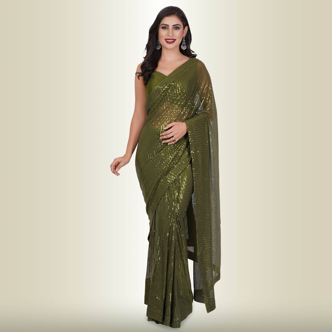 One Minute Sequin Saree - Dark Green