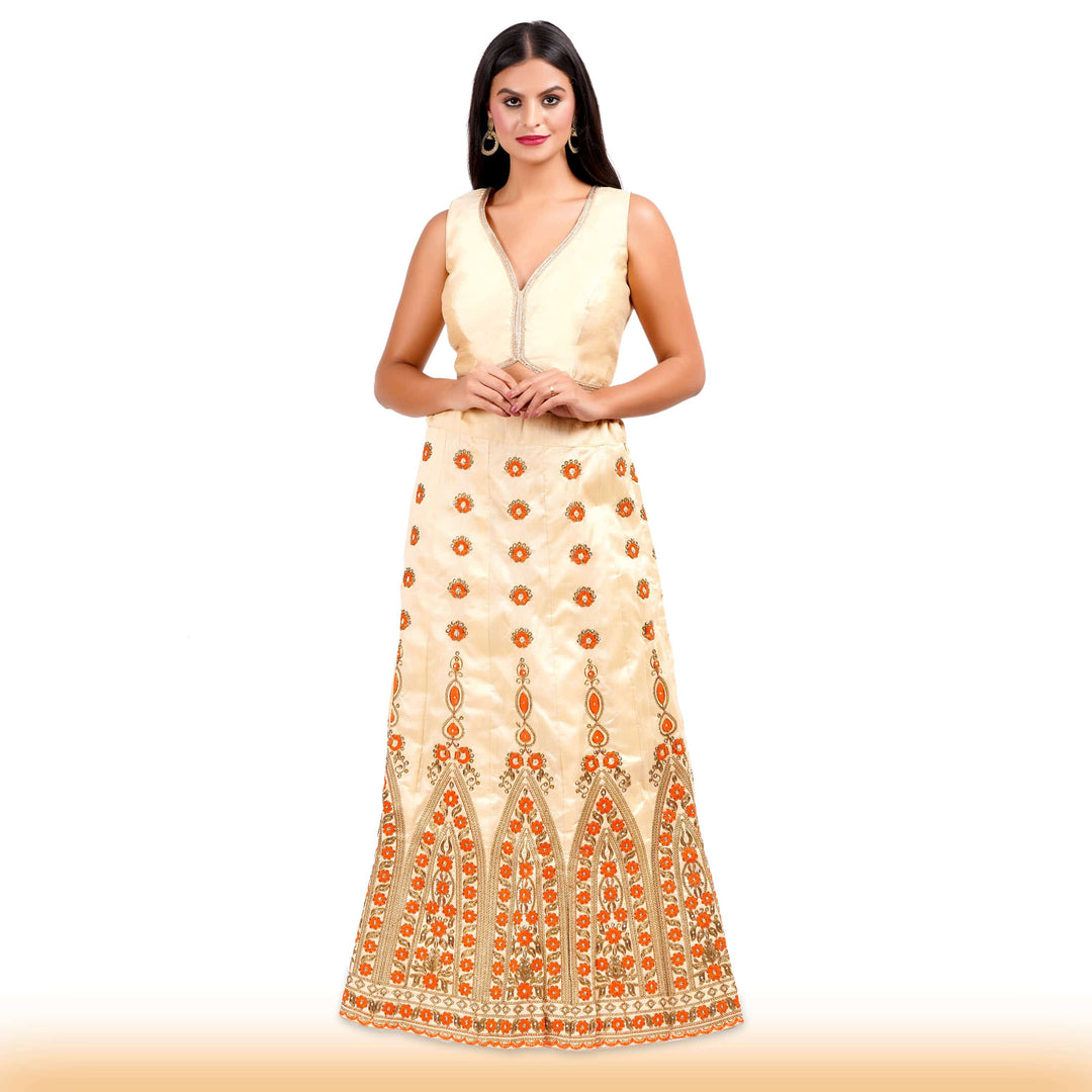 Beige Embroidered lehenga with orange embroidery and contrast duppatta - Chiro's By Jigyasa