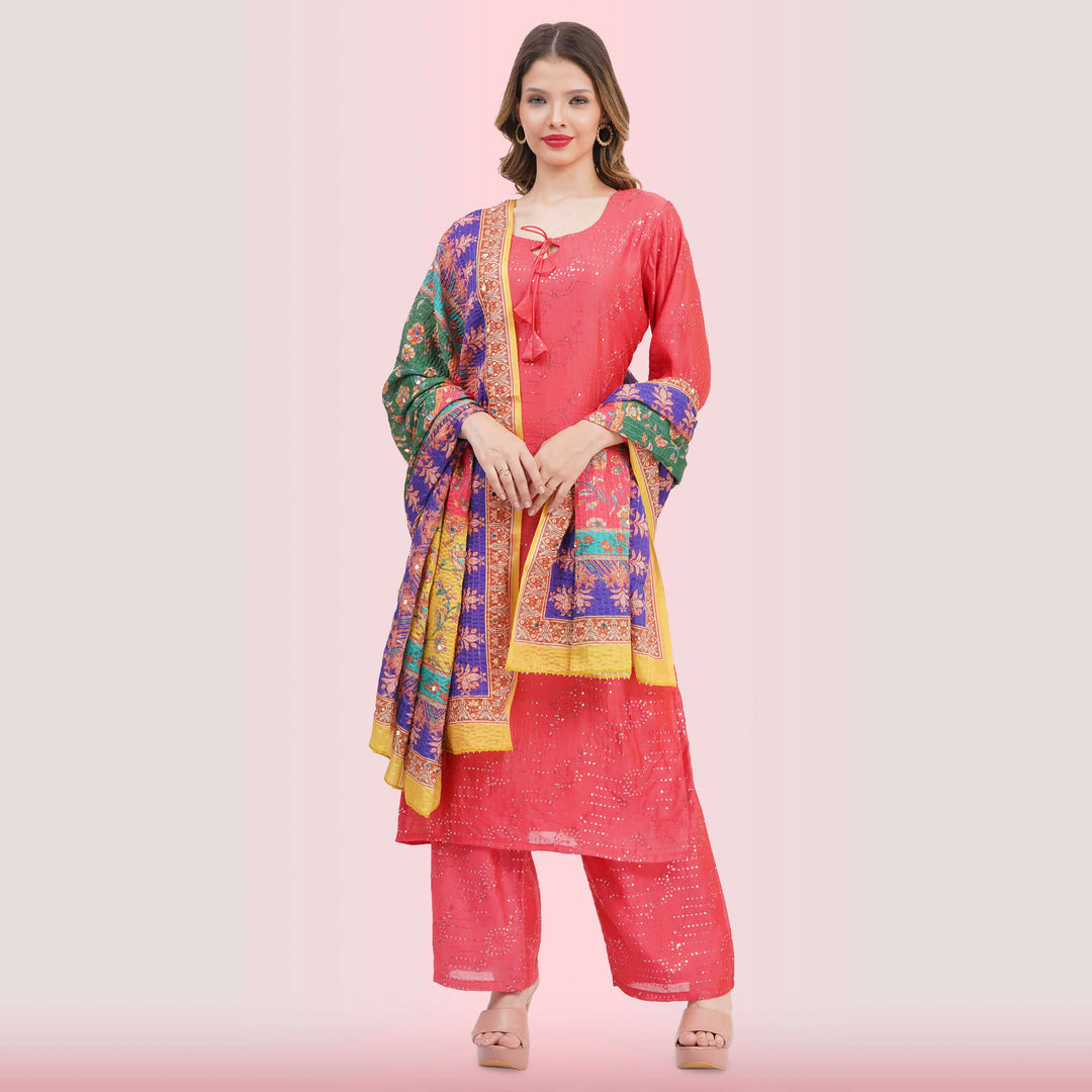 Coral Salwar Suit & Vibrant Print Dupatta from Chiro's By Jigyasa