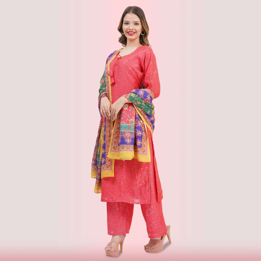 Coral Salwar Suit & Vibrant Print Dupatta from Chiro's By Jigyasa