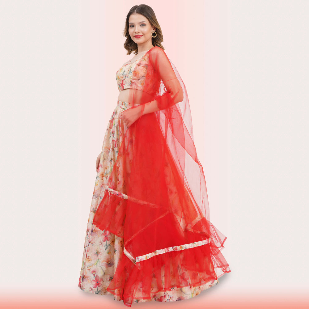 Custom-Designed Floral Lehenga Choli Set with Ruffled Dupatta