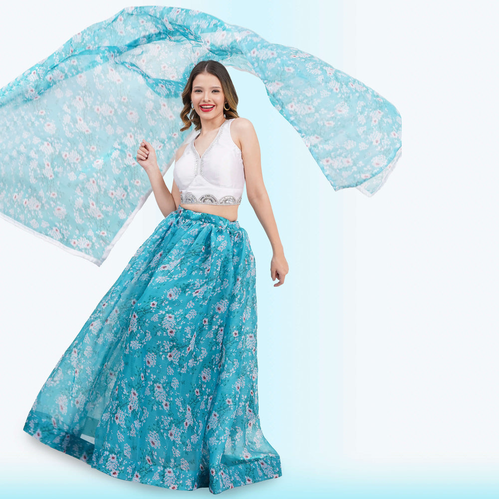 Custom-Designed Serene Turquoise Floral Lehenga Choli