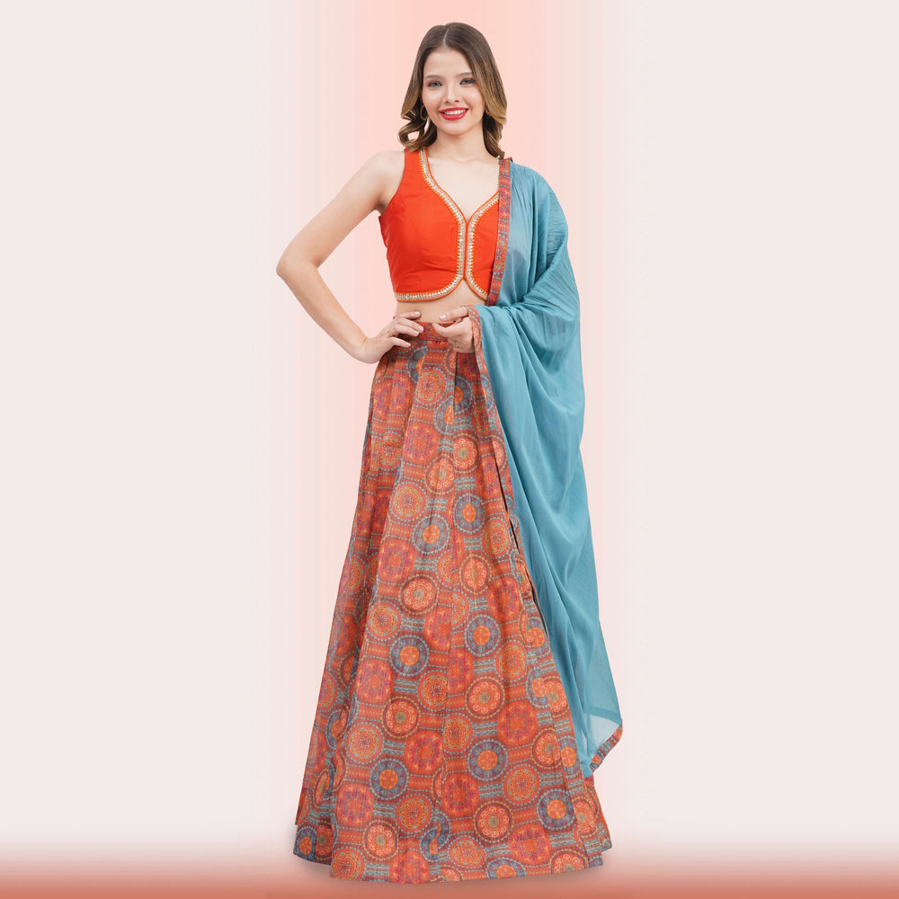 Radiant Orange & Teal Circular Print Lehenga Choli Set