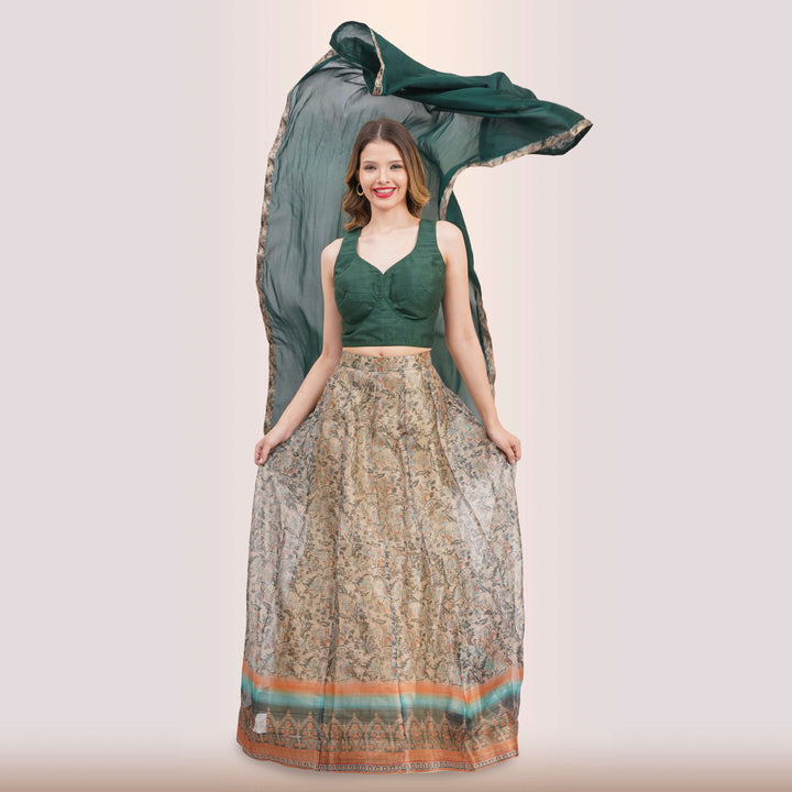 Emerald Green Lehenga & Traditional Print Skirt