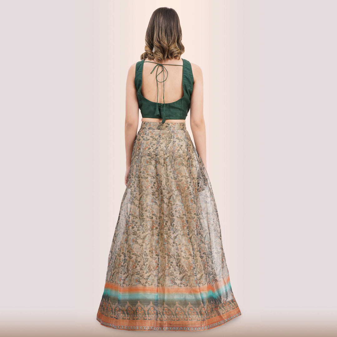 Emerald Green Lehenga & Traditional Print Skirt