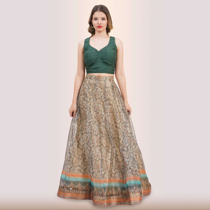 Emerald Green Lehenga & Traditional Print Skirt