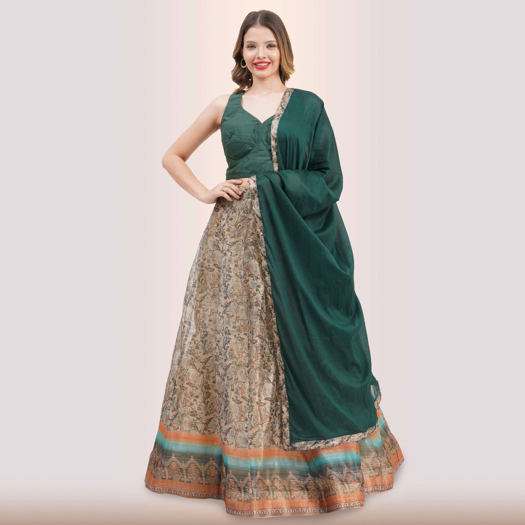 Emerald Green Lehenga & Traditional Print Skirt