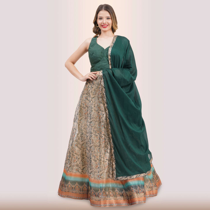 Emerald Green Lehenga & Traditional Print Skirt