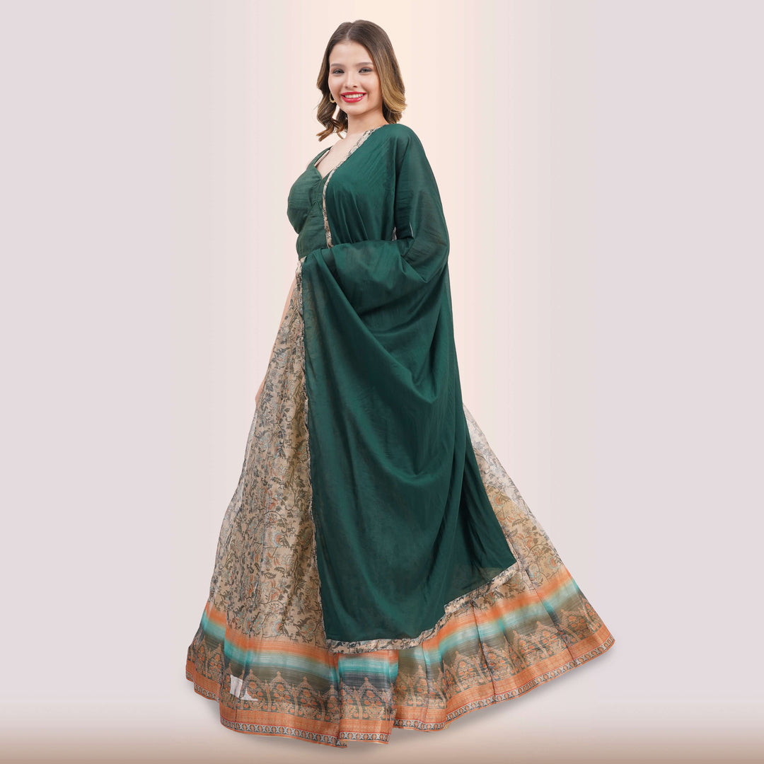 Emerald Green Lehenga & Traditional Print Skirt