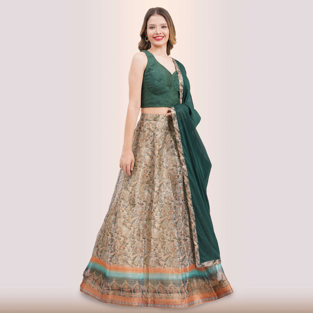 Emerald Green Lehenga & Traditional Print Skirt