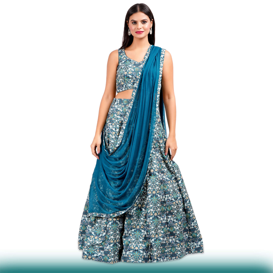 Floral Lehenga with Large Flair - Green - Chiro's By Jigyasa