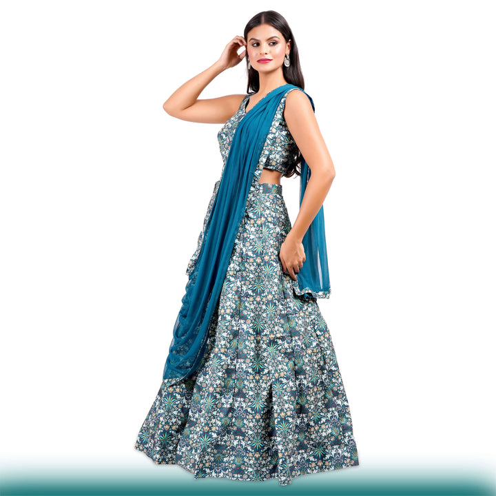 Floral Lehenga with Large Flair - Green - Chiro's By Jigyasa