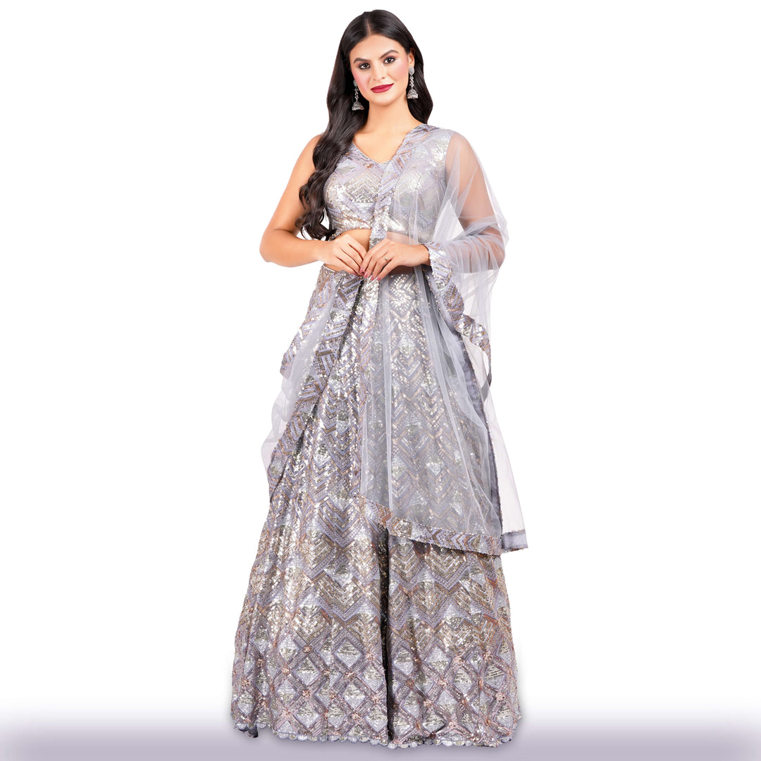 Georgette Lehenga with Copper, Silver & Gold Sequins