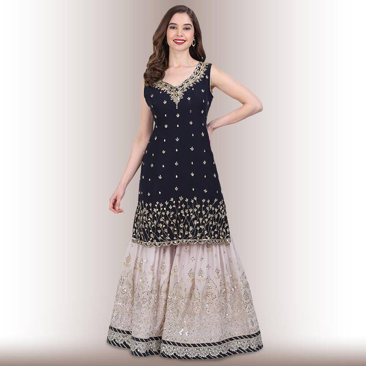 Hand embroidered Sharara Suit - Blue