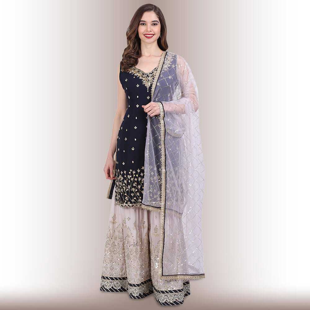 Hand embroidered Sharara Suit - Blue