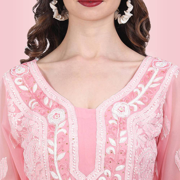 chikankari and mirror work kurti neckline