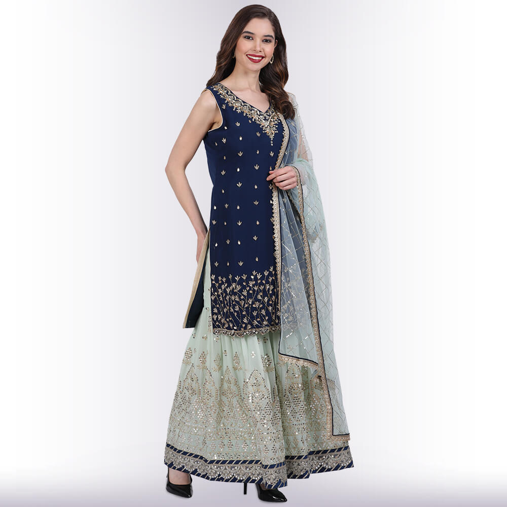 Hand embroidered Sharara Suit - Teal