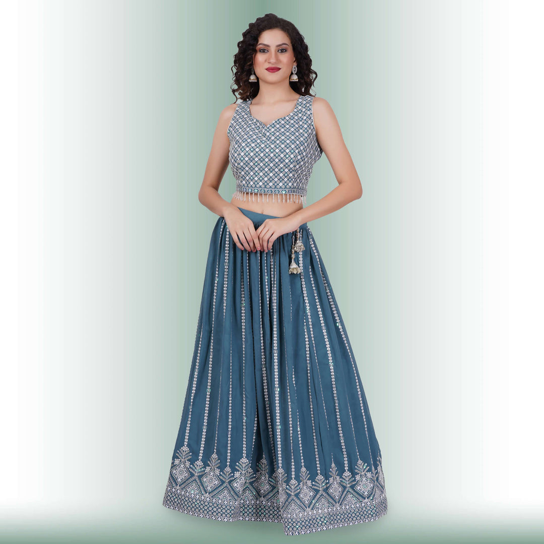 Lehenga Choli With White Sequin - Teal