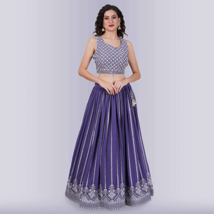 Lehenga Choli With White Sequin - Purple - Chiro's By Jigyasa