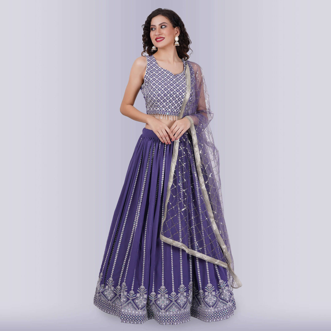 Lehenga Choli With White Sequin - Purple - Chiro's By Jigyasa