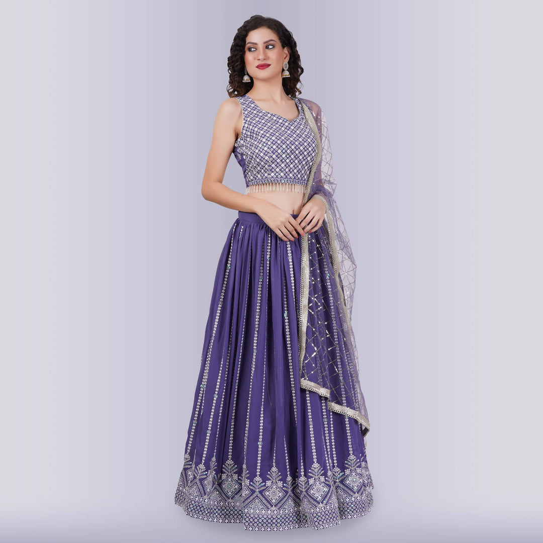 Lehenga Choli With White Sequin - Purple - Chiro's By Jigyasa