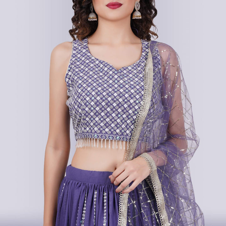 Lehenga Choli With White Sequin - Purple - Chiro's By Jigyasa