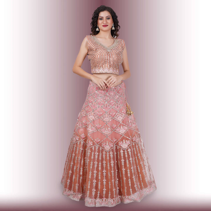 Mirror Work Lehenga in Ombre Biege