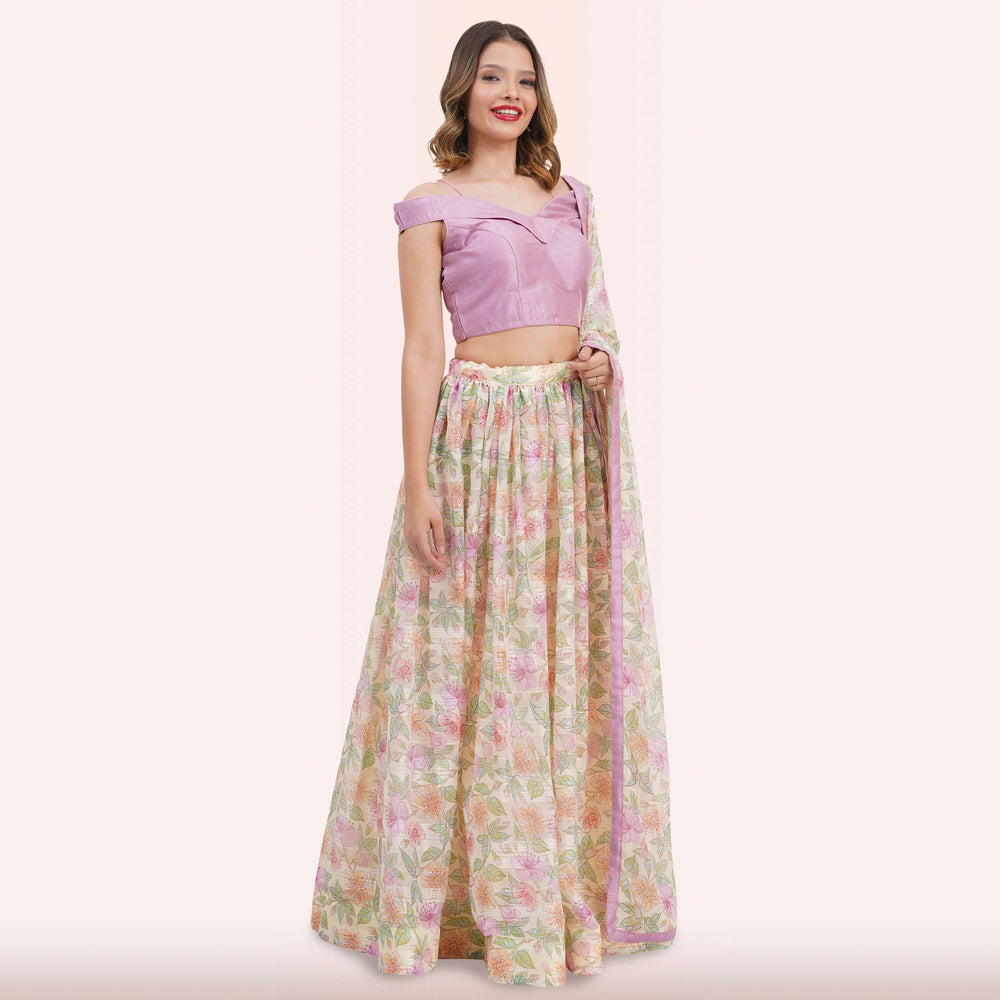 Pastel Floral Lehenga Choli Set - Off-Shoulder Blouse