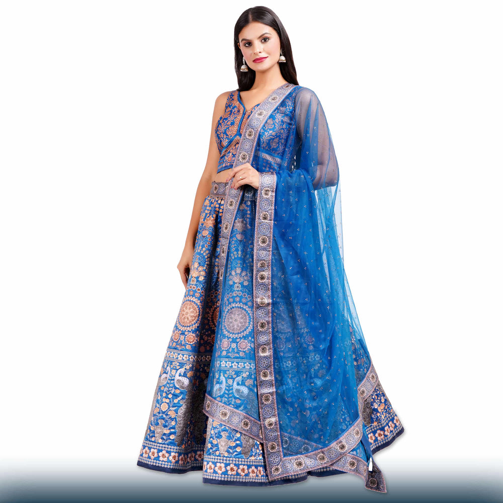 Royal Blue Silk Lehenga with Gold Stone Work - Chiro's By Jigyasa