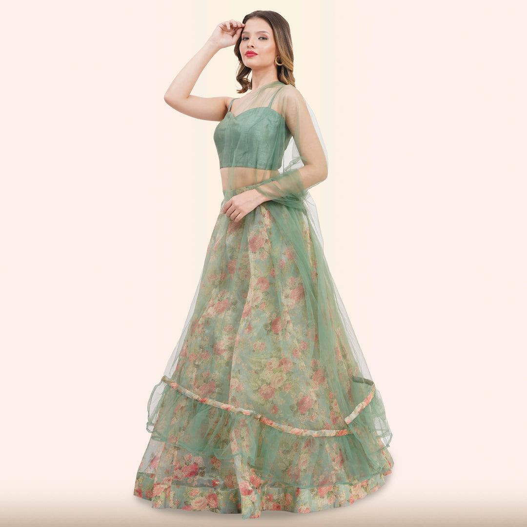 Sage Green Floral  Lehenga with Dupatta from Chiros by Jigyasa