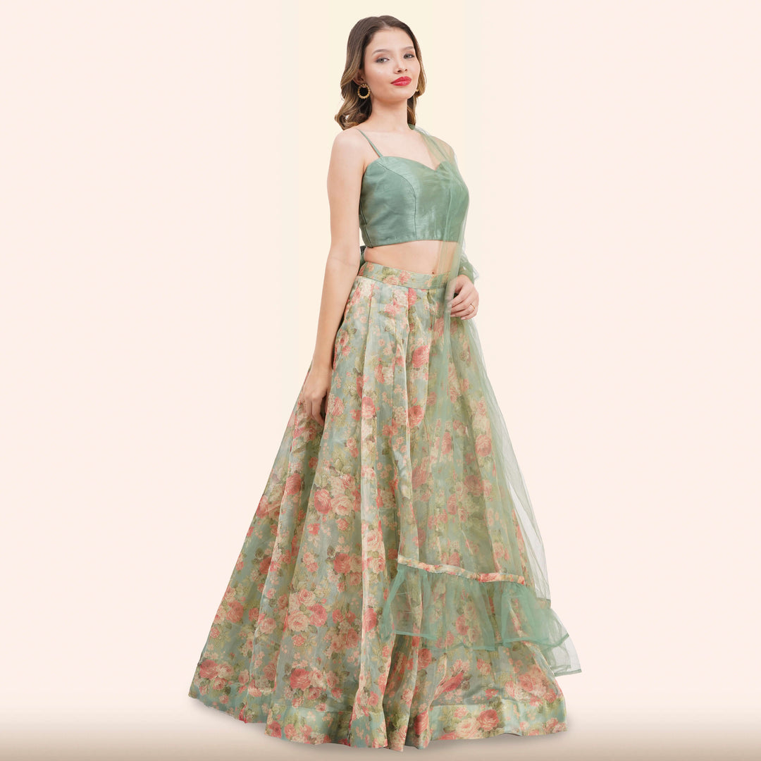 Sage Green Floral  Lehenga with Dupatta from Chiros by Jigyasa