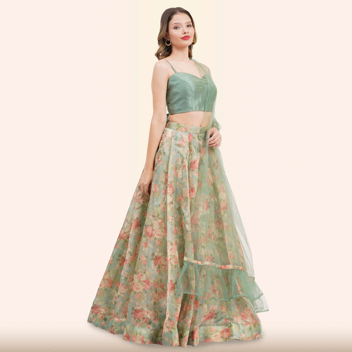 Sage Green Floral  Lehenga with Dupatta from Chiros by Jigyasa