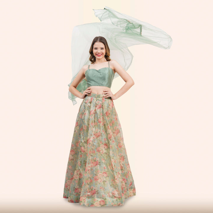 Sage Green Floral  Lehenga with Dupatta from Chiros by Jigyasa
