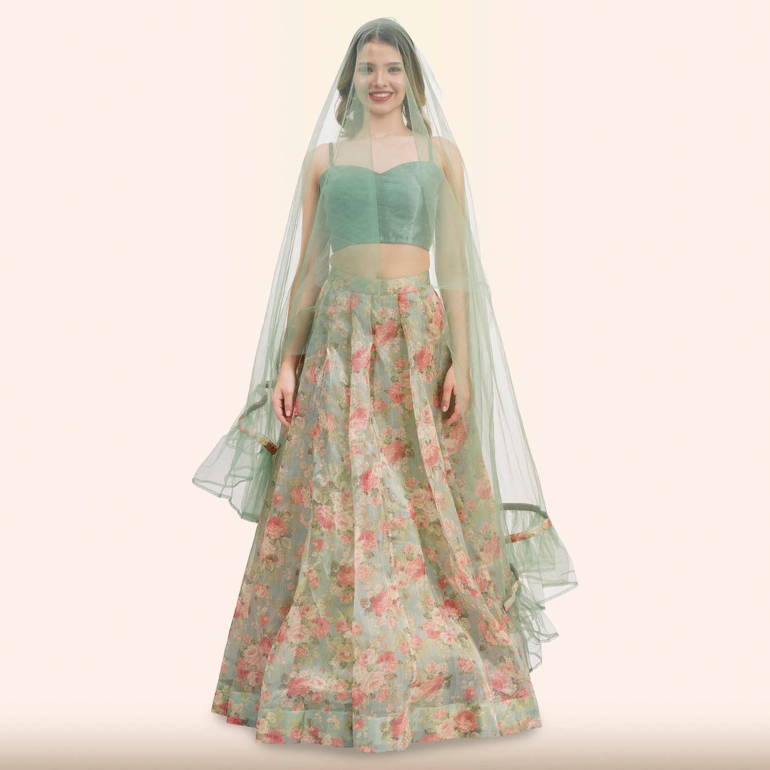 Sage Green Floral  Lehenga with Dupatta from Chiros by Jigyasa