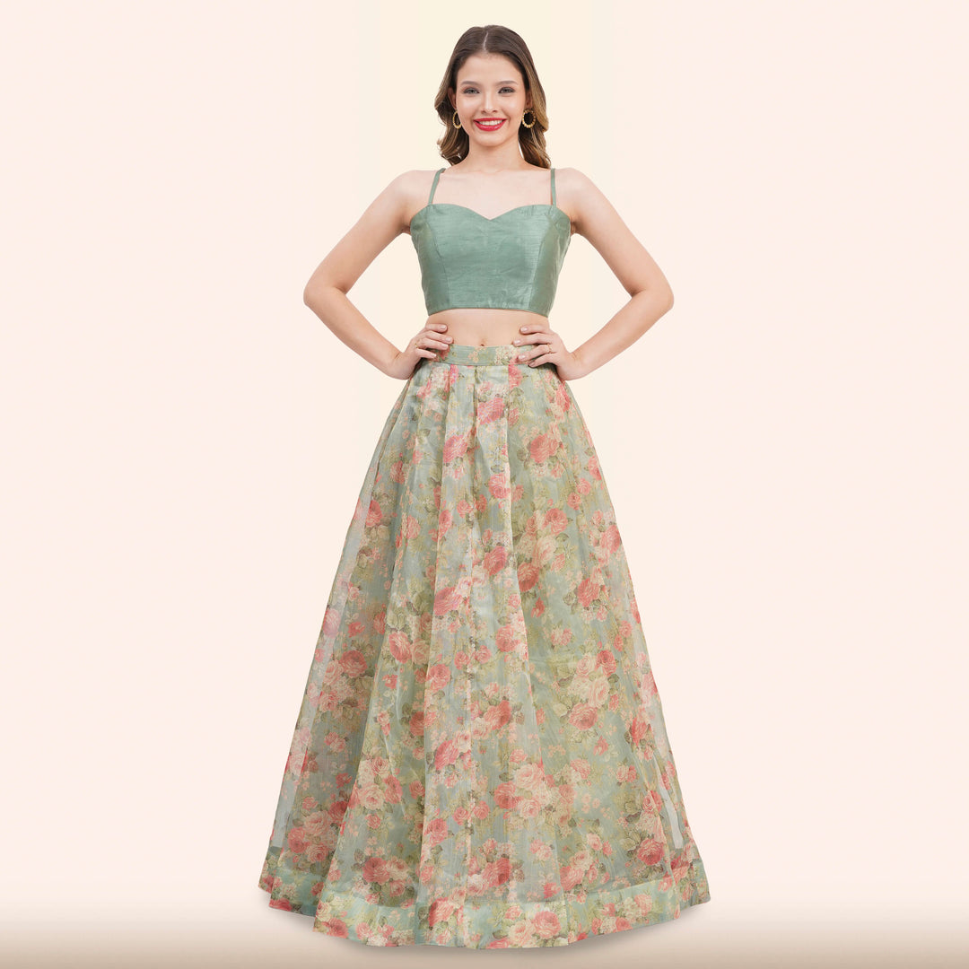 Sage Green Floral  Lehenga with Dupatta from Chiros by Jigyasa